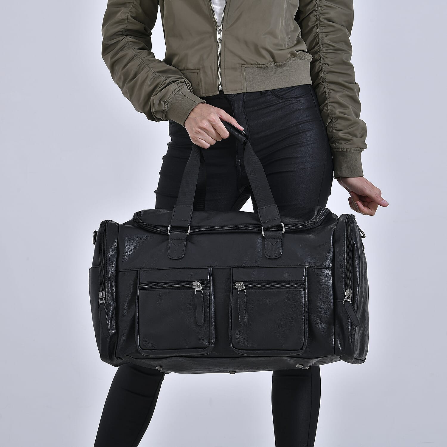 Faux Leather Double Pocket Duffel Bag