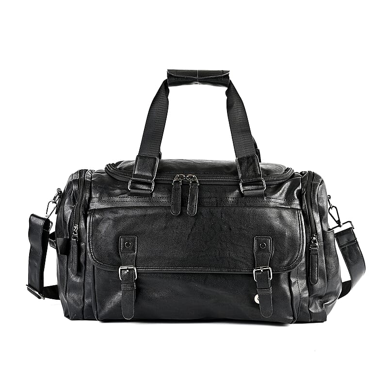 Black Multi Pocket Faux Leather Duffel Bag with Shoulder Strap 47 Inches