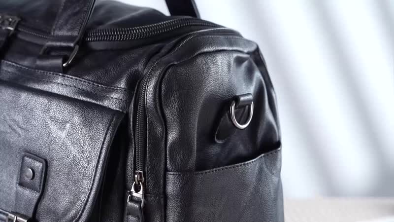 Black Multi Pocket Faux Leather Duffel Bag with Shoulder Strap 47 Inches