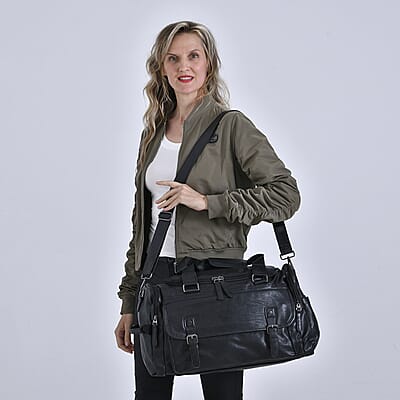 Black Multi Pocket Faux Leather Duffel Bag with Shoulder Strap 47 Inches
