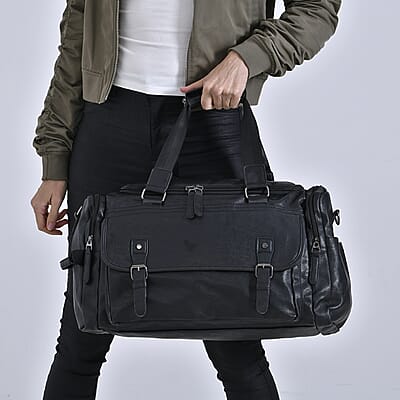 Black Multi Pocket Faux Leather Duffel Bag with Shoulder Strap 47 Inches