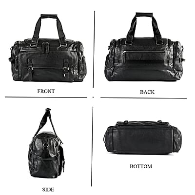 Black Multi Pocket Faux Leather Duffel Bag with Shoulder Strap 47 Inches