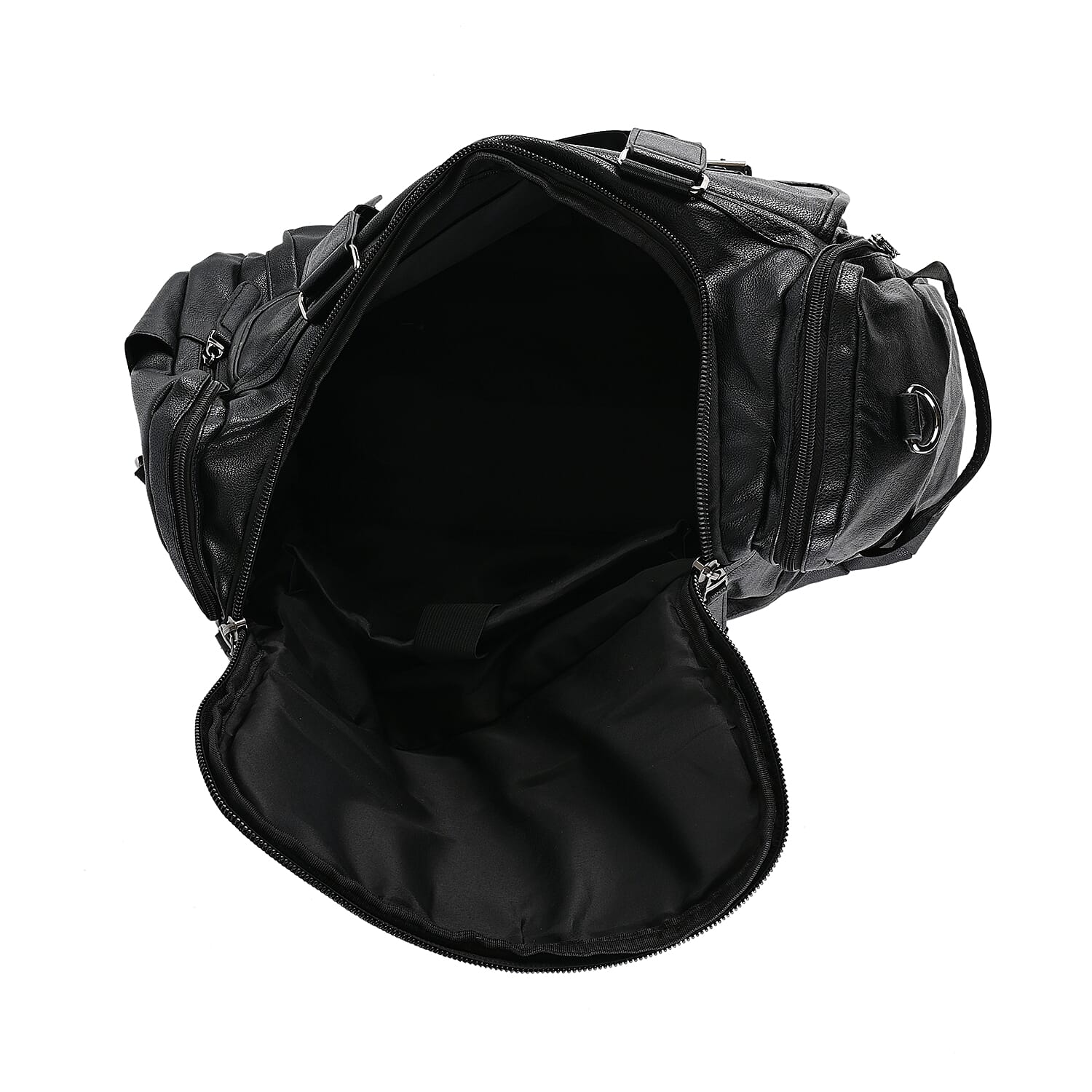 Black Multi Pocket Faux Leather Duffel Bag with Shoulder Strap 47 Inches