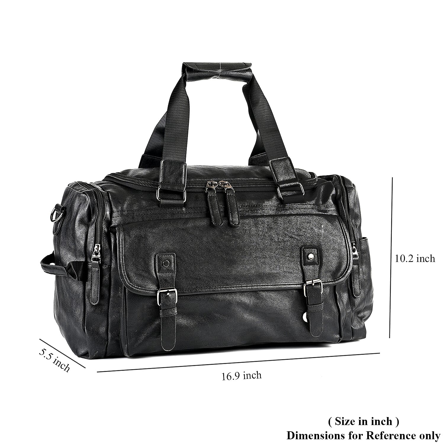 Black Multi Pocket Faux Leather Duffel Bag with Shoulder Strap 47 Inches