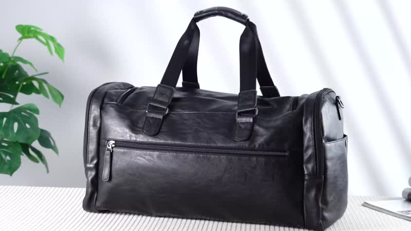 Black Faux Leather Duffel Bag with Shoulder Strap 47 Inches