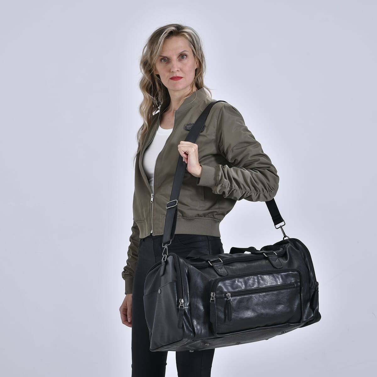 Black Faux Leather Duffel Bag with Shoulder Strap 47 Inches image number 1