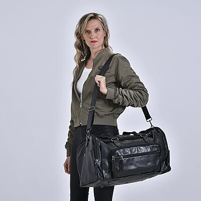 Black Faux Leather Duffel Bag with Shoulder Strap 47 Inches