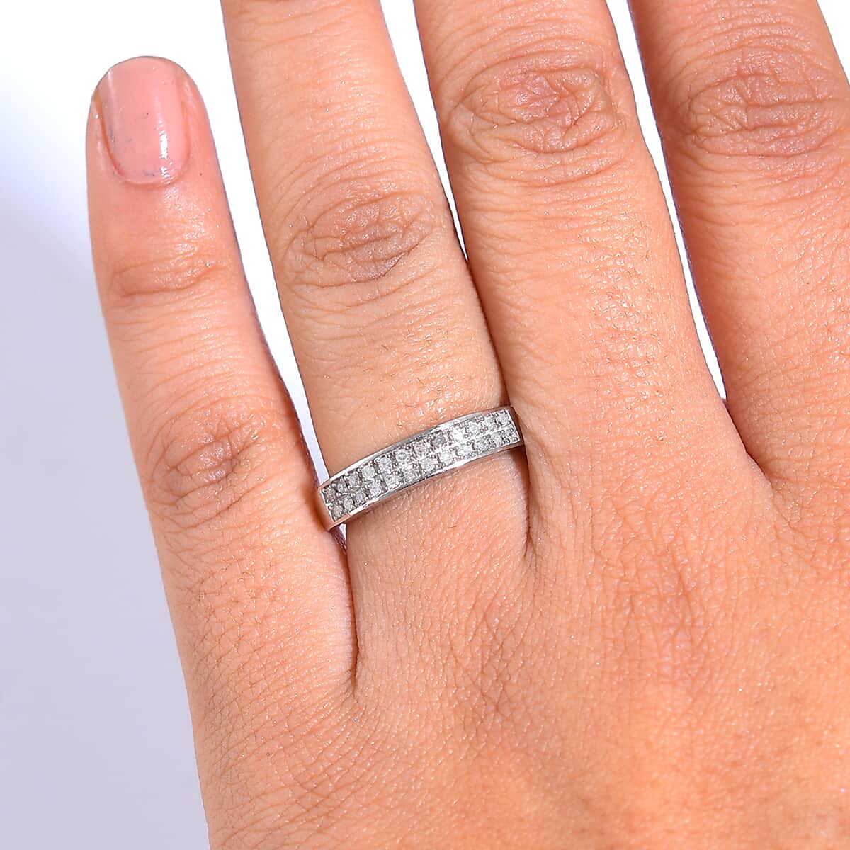 Diamond 2 Row Band Ring in Rhodium Over Sterling Silver (Size 10.0) 0.20 ctw image number 2