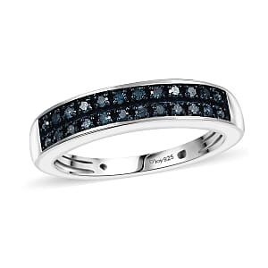 D'Joy Blue Diamond 0.20 ctw 2 Row Band Ring in Rhodium Over Sterling Silver (Size 9.0)