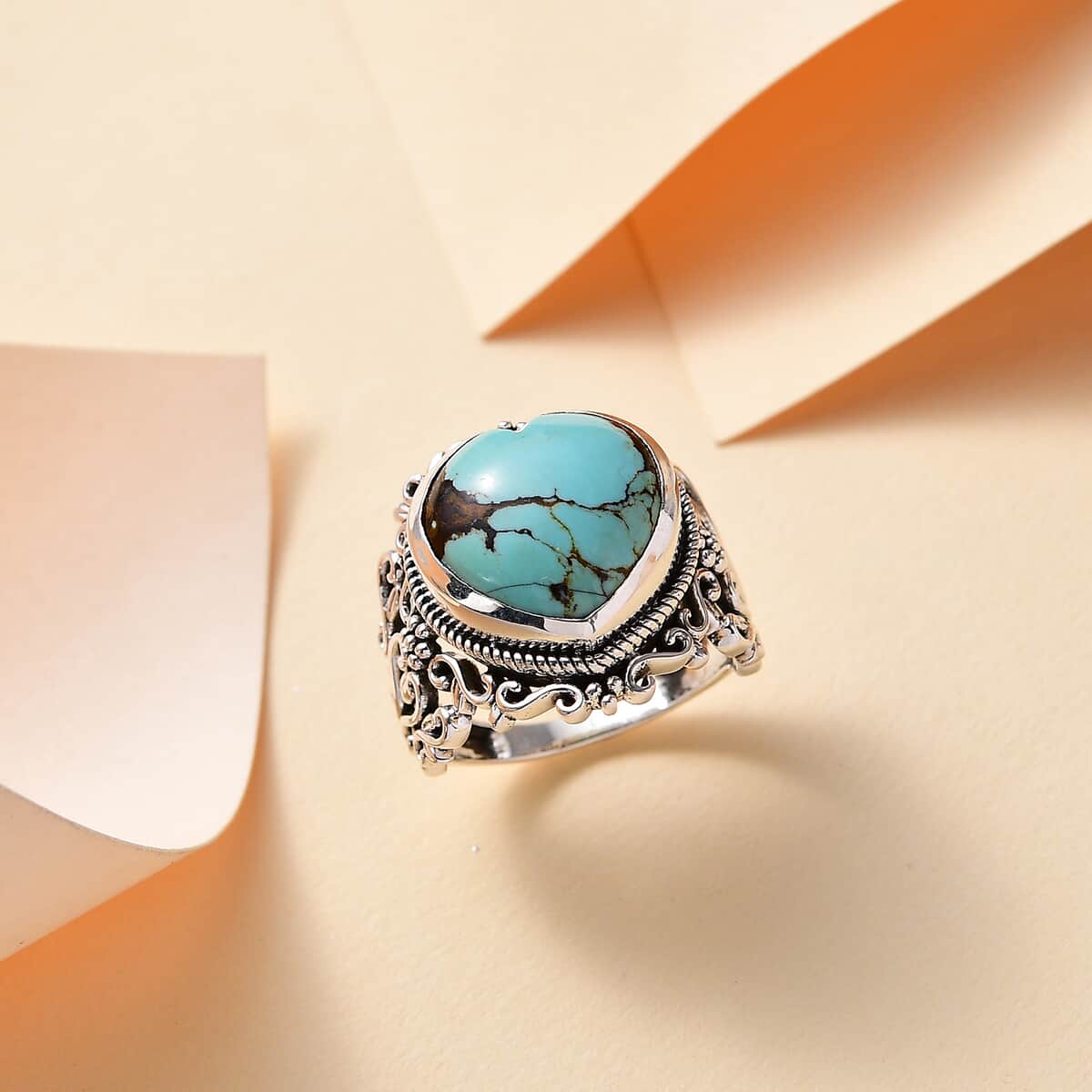 Artisan Crafted Blue Horizon Turquoise 7.80 ctw Heart Ring in Black Oxidized Sterling Silver (Size 10.0) image number 1