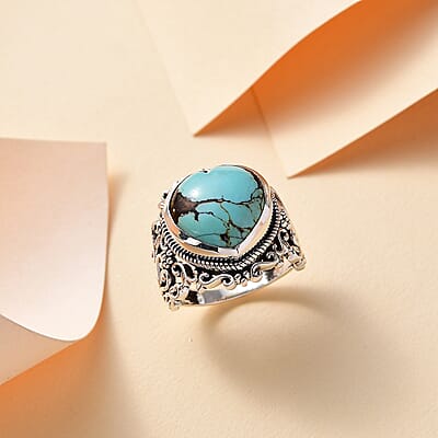 D'Joy Artisan Crafted Blue Horizon Turquoise 7.80 ctw Heart Ring in Black Oxidized Sterling Silver (Size 10.0)