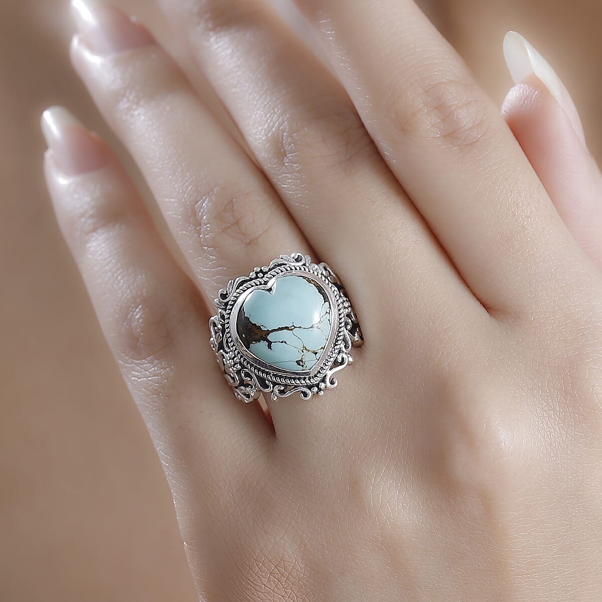 D'Joy Artisan Crafted Blue Horizon Turquoise 7.80 ctw Heart Ring in Black Oxidized Sterling Silver (Size 6.0) image number 2