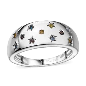 Blue, Yellow and Red Diamond 0.15 ctw Celestial Ring in Rhodium Over Sterling Silver (Size 10.0)