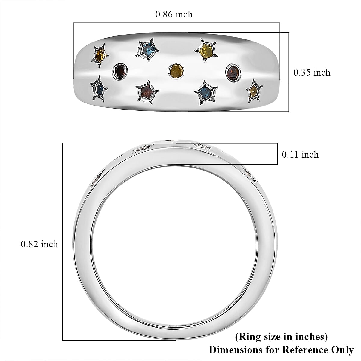D'Joy Blue, Yellow and Red Diamond 0.15 ctw Celestial Ring in Rhodium Over Sterling Silver (Size 10.0)