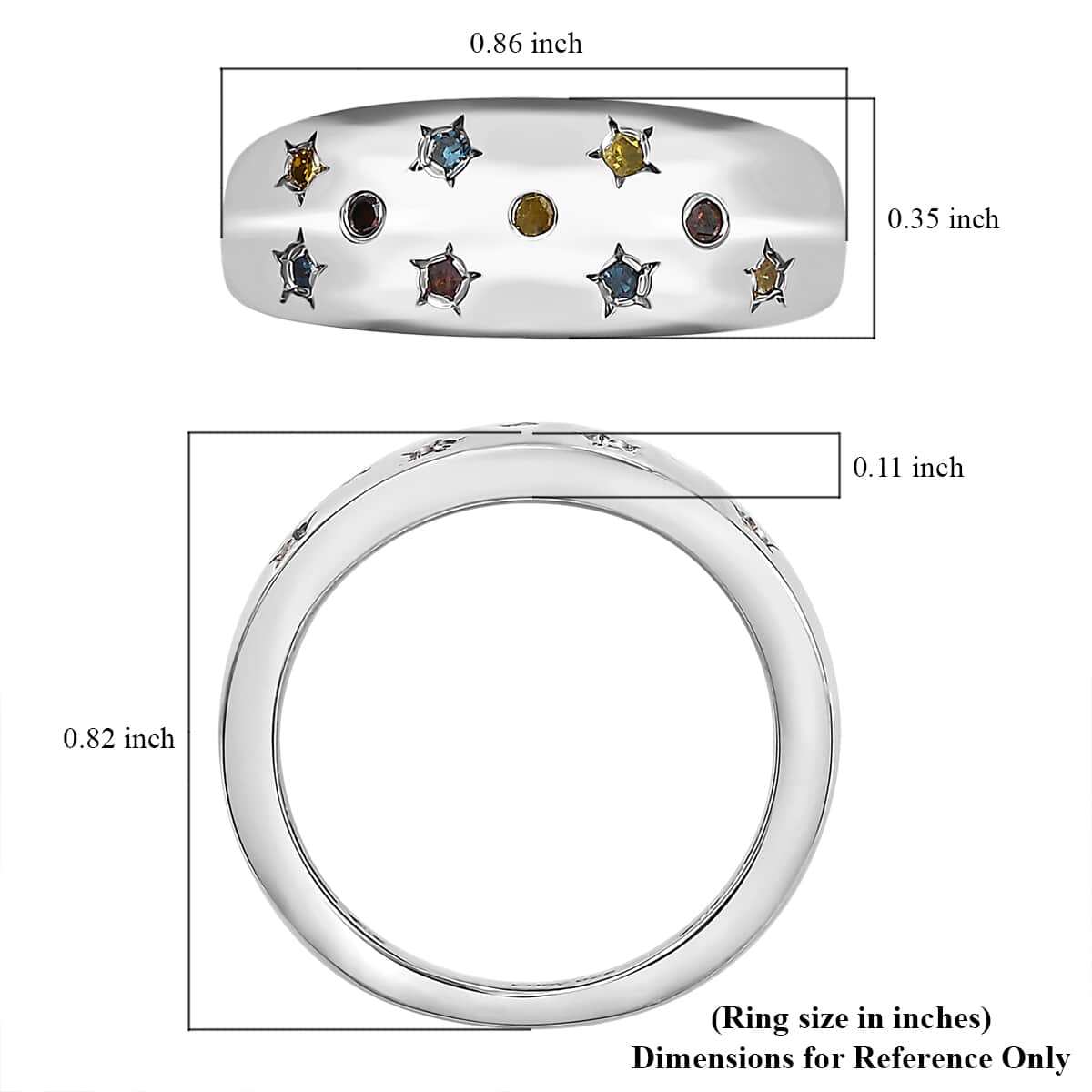 Blue, Yellow and Red Diamond 0.15 ctw Celestial Ring in Rhodium Over Sterling Silver (Size 5.0) image number 5