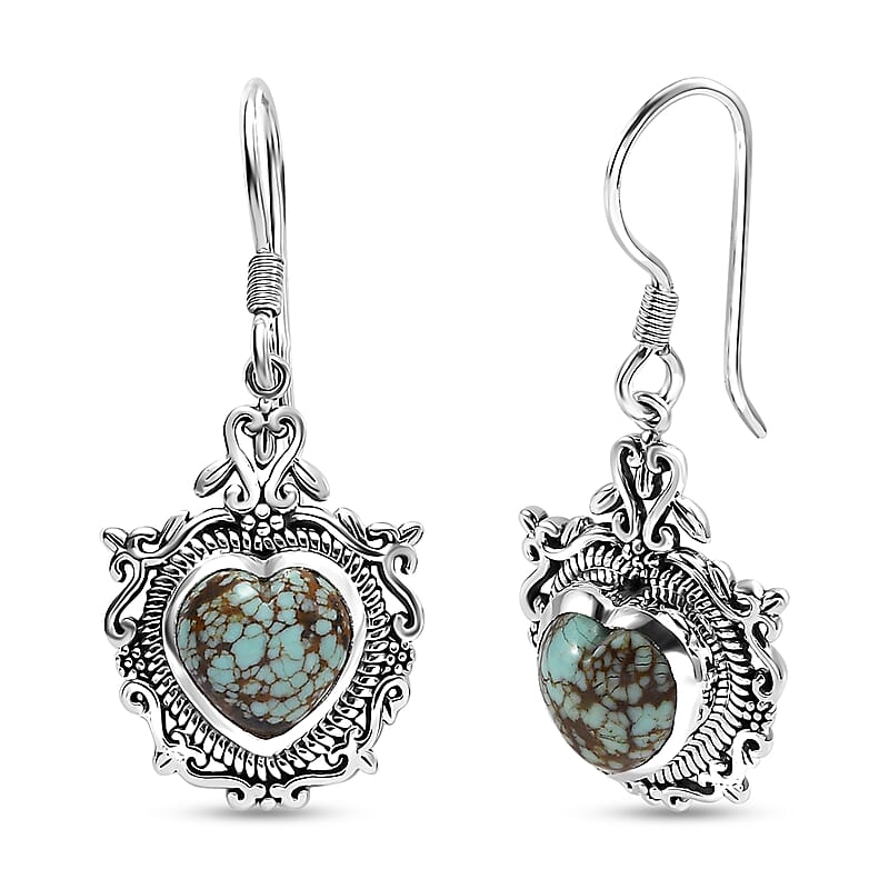 D'Joy Artisan Crafted Blue Horizon Turquoise 4.30 ctw Heart Earrings in Black Oxidized Sterling Silver