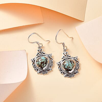 D'Joy Artisan Crafted Blue Horizon Turquoise 4.30 ctw Heart Earrings in Black Oxidized Sterling Silver