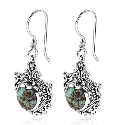 D'Joy Artisan Crafted Blue Horizon Turquoise 4.30 ctw Heart Earrings in Black Oxidized Sterling Silver