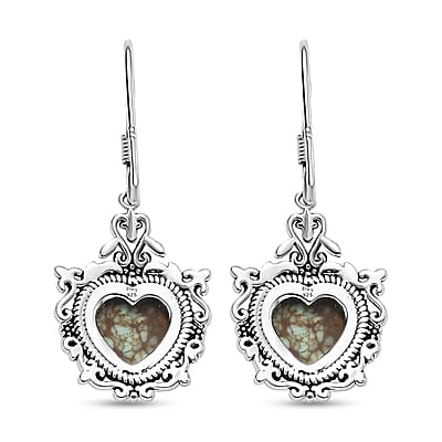 D'Joy Artisan Crafted Blue Horizon Turquoise 4.30 ctw Heart Earrings in Black Oxidized Sterling Silver