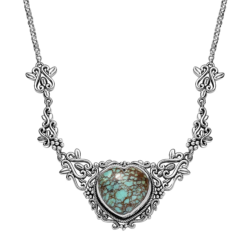 D'Joy Artisan Crafted Blue Horizon Turquoise 13.30 ctw Heart Necklace in Black Oxidized Sterling Silver 18 Inches