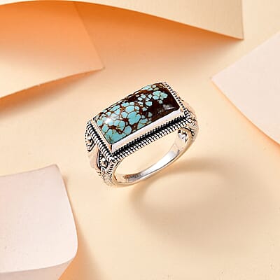D'Joy Artisan Crafted Blue Horizon Turquoise 5.00 ctw Owl Face Ring in Sterling Silver (Size 10.0)