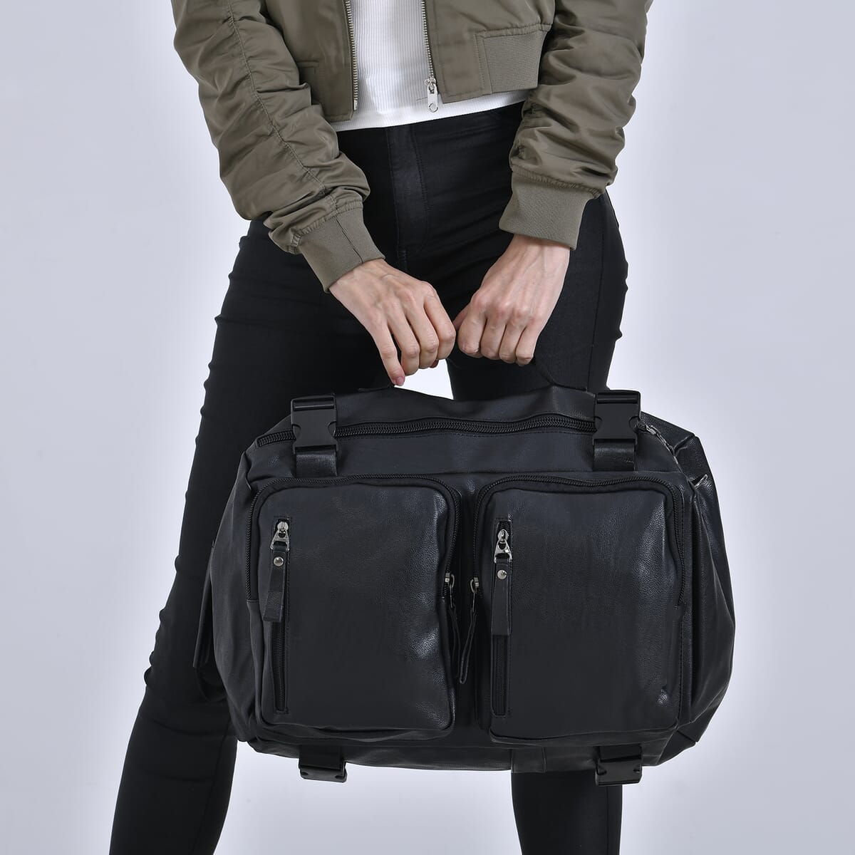 Black Multi-purpose Faux Leather Convertible Backpack image number 2