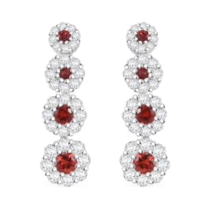 Premium Red Sapphire and Moissanite 2.40 ctw Floral Halo Earrings in Rhodium Over Sterling Silver (Del. in 8-10 Days)