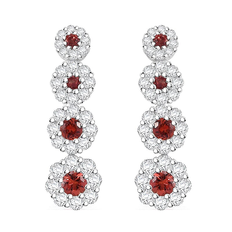 D'Joy Premium Red Sapphire and Moissanite 2.40 ctw Floral Halo Earrings in Rhodium Over Sterling Silver