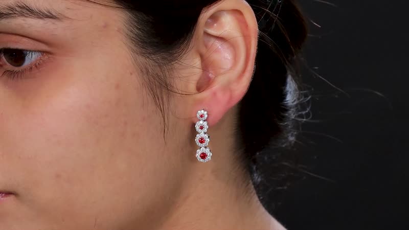 D'Joy Premium Red Sapphire and Moissanite 2.40 ctw Floral Halo Earrings in Rhodium Over Sterling Silver