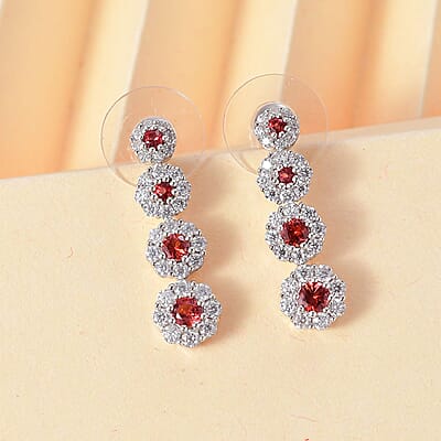 D'Joy Premium Red Sapphire and Moissanite 2.40 ctw Floral Halo Earrings in Rhodium Over Sterling Silver
