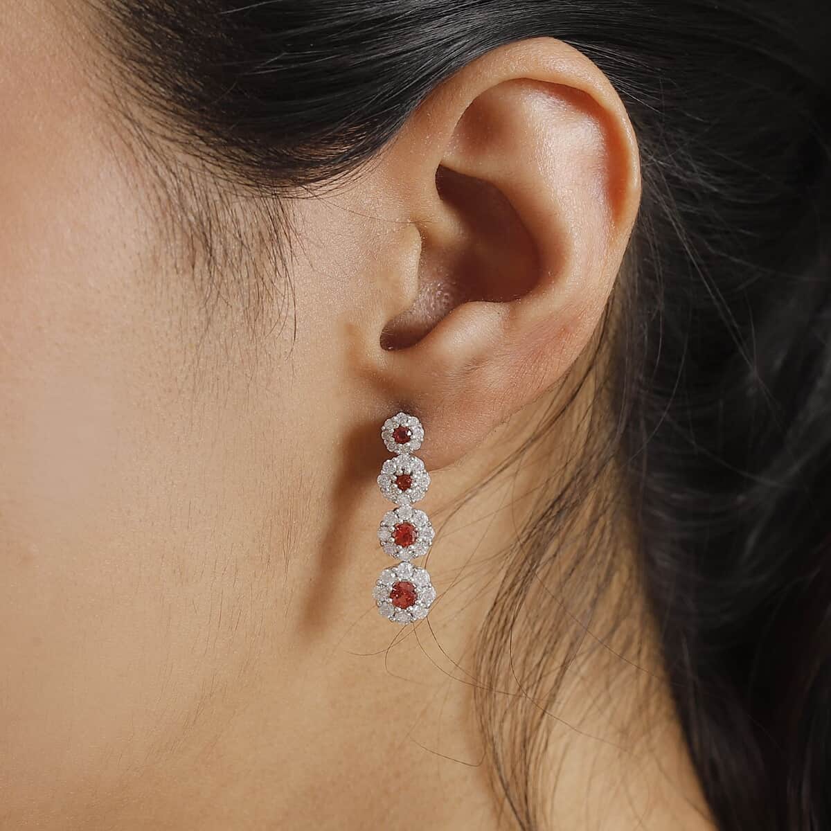 Premium Red Sapphire and Moissanite 2.40 ctw Floral Halo Earrings in Rhodium Over Sterling Silver (Del. in 8-10 Days) image number 2