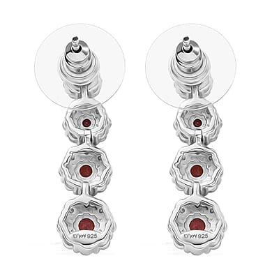 D'Joy Premium Red Sapphire and Moissanite 2.40 ctw Floral Halo Earrings in Rhodium Over Sterling Silver