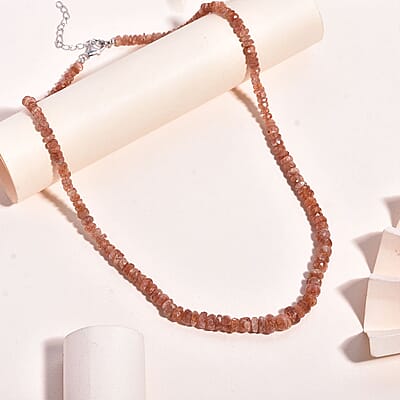 Sunstone 90.00 ctw Beaded Necklace in Rhodium Over Sterling Silver 18 Inches