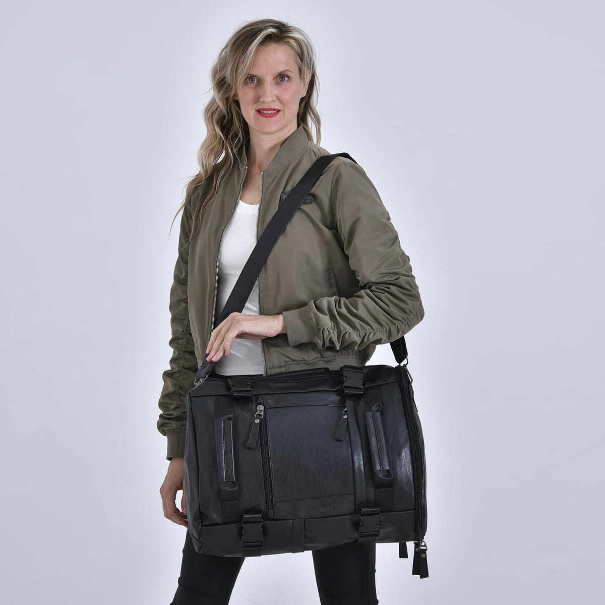 Black Multi-purpose Faux Leather Convertible Backpack image number 1