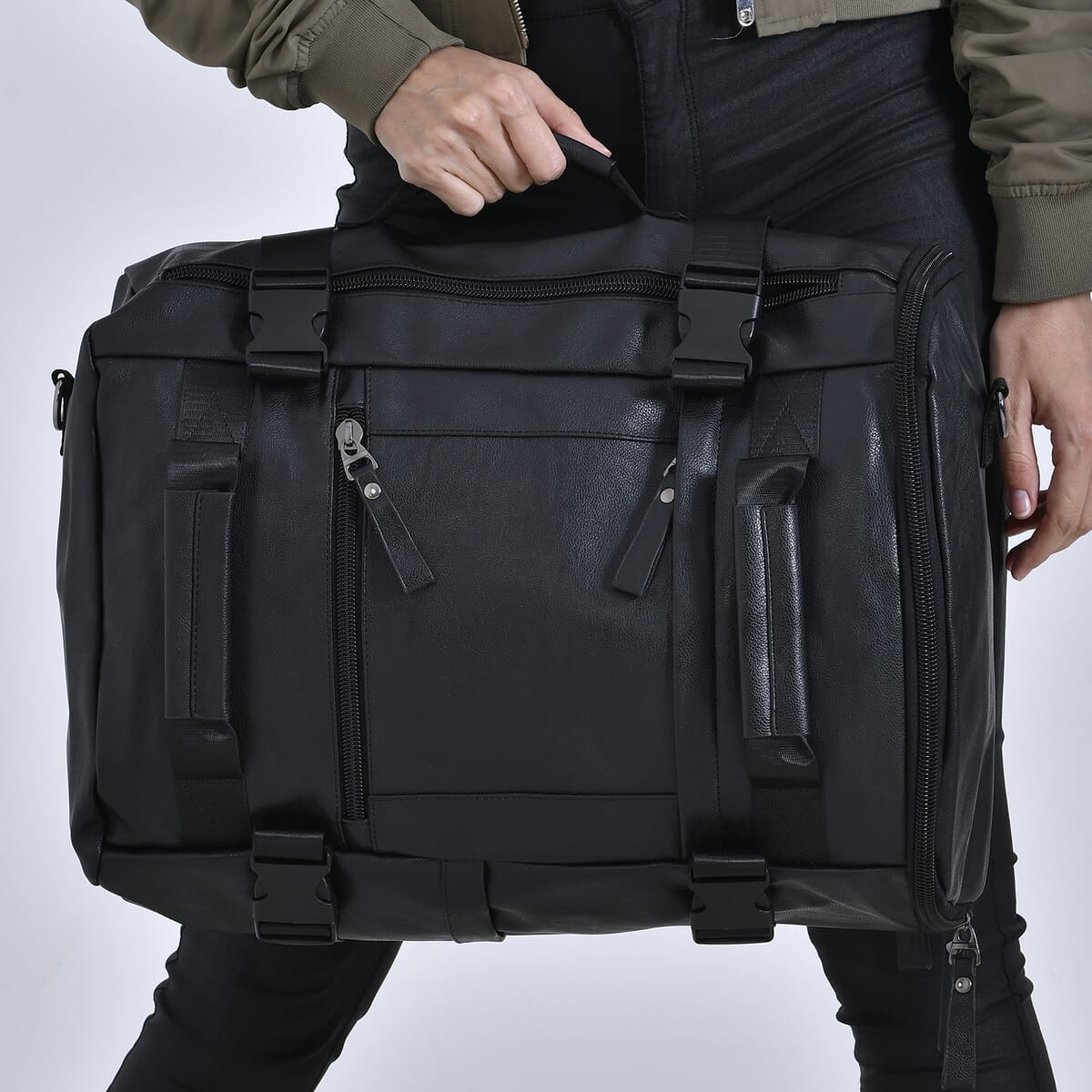 Black Multi-purpose Faux Leather Convertible Backpack image number 2