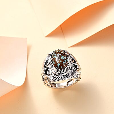 D'Joy Artisan Crafted Blue Horizon Turquoise 6.10 ctw Eagle Men's Ring in Black Oxidized Sterling Silver (Size 10.0)