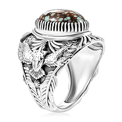 D'Joy Artisan Crafted Blue Horizon Turquoise 6.10 ctw Eagle Men's Ring in Black Oxidized Sterling Silver (Size 10.0)
