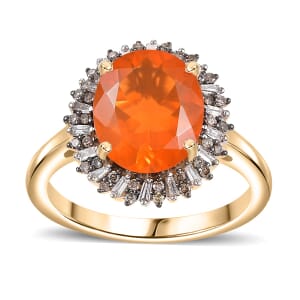 Luxoro AAA Buriti Fire Opal, Natural Champagne and White Diamond I2 2.80 ctw Sunburst Ring in 10K Yellow Gold (Size 10.0) (Del. In 10-12 Days)