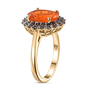 Luxoro AAA Buriti Fire Opal, Natural Champagne and White Diamond I2 2.80 ctw Sunburst Ring in 10K Yellow Gold (Size 11.0) (Del. In 10-12 Days)
