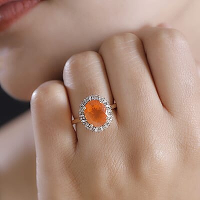 Luxoro AAA Buriti Fire Opal, Natural Champagne and White Diamond I2 2.80 ctw Sunburst Ring in 10K Yellow Gold (Size 12.0) (Del. In 10-12 Days)