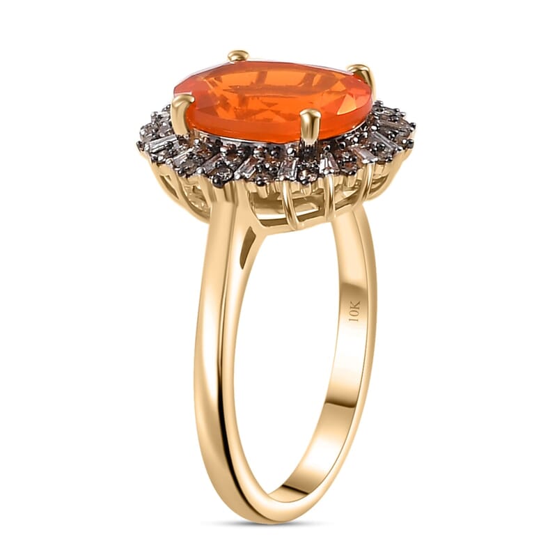 Luxoro AAA Buriti Fire Opal, Natural Champagne and White Diamond I2 2.80 ctw Sunburst Ring in 10K Yellow Gold (Size 6.5) (Del. In 10-12 Days)