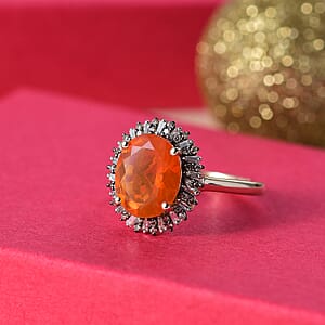 Luxoro AAA Buriti Fire Opal, Natural Champagne and White Diamond I2 2.80 ctw Sunburst Ring in 10K Yellow Gold (Size 8.0)