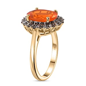 Luxoro AAA Buriti Fire Opal, Natural Champagne and White Diamond I2 2.80 ctw Sunburst Ring in 10K Yellow Gold (Size 8.0)