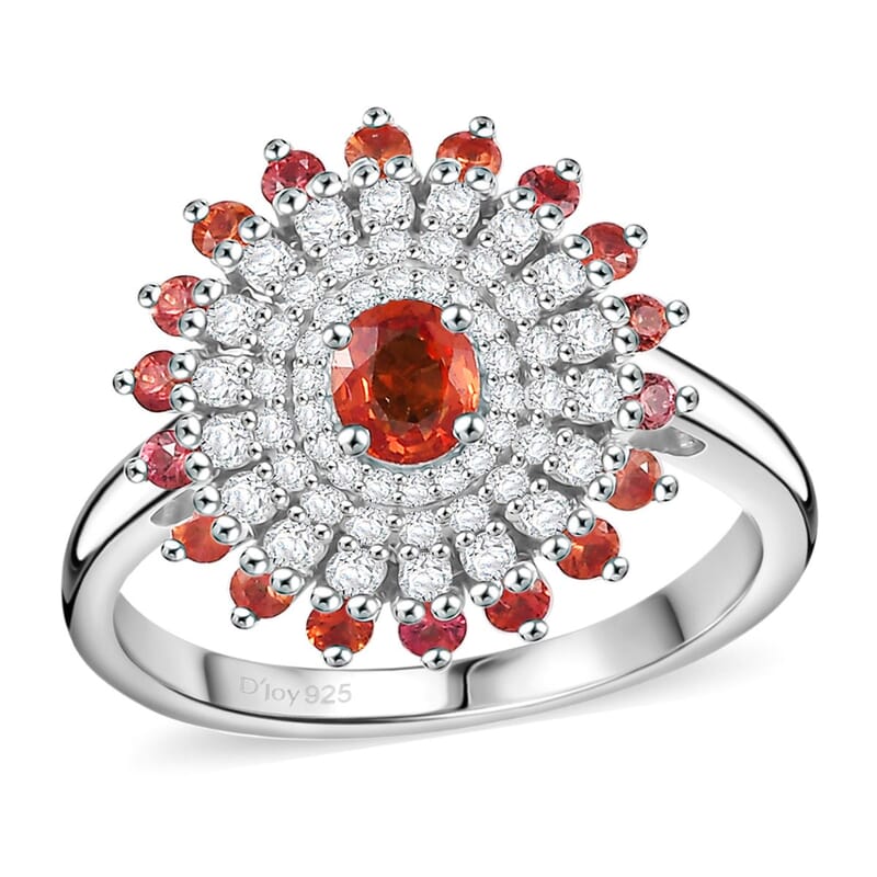 D'Joy Premium Red Sapphire and Moissanite 1.50 ctw Solar Flare Ring in Rhodium Over Sterling Silver (Size 10.0)