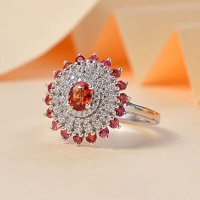 D'Joy Premium Red Sapphire and Moissanite 1.50 ctw Solar Flare Ring in Rhodium Over Sterling Silver (Size 10.0)