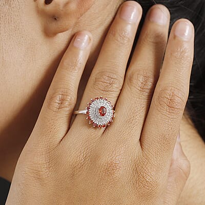D'Joy Premium Red Sapphire and Moissanite 1.50 ctw Solar Flare Ring in Rhodium Over Sterling Silver (Size 10.0)