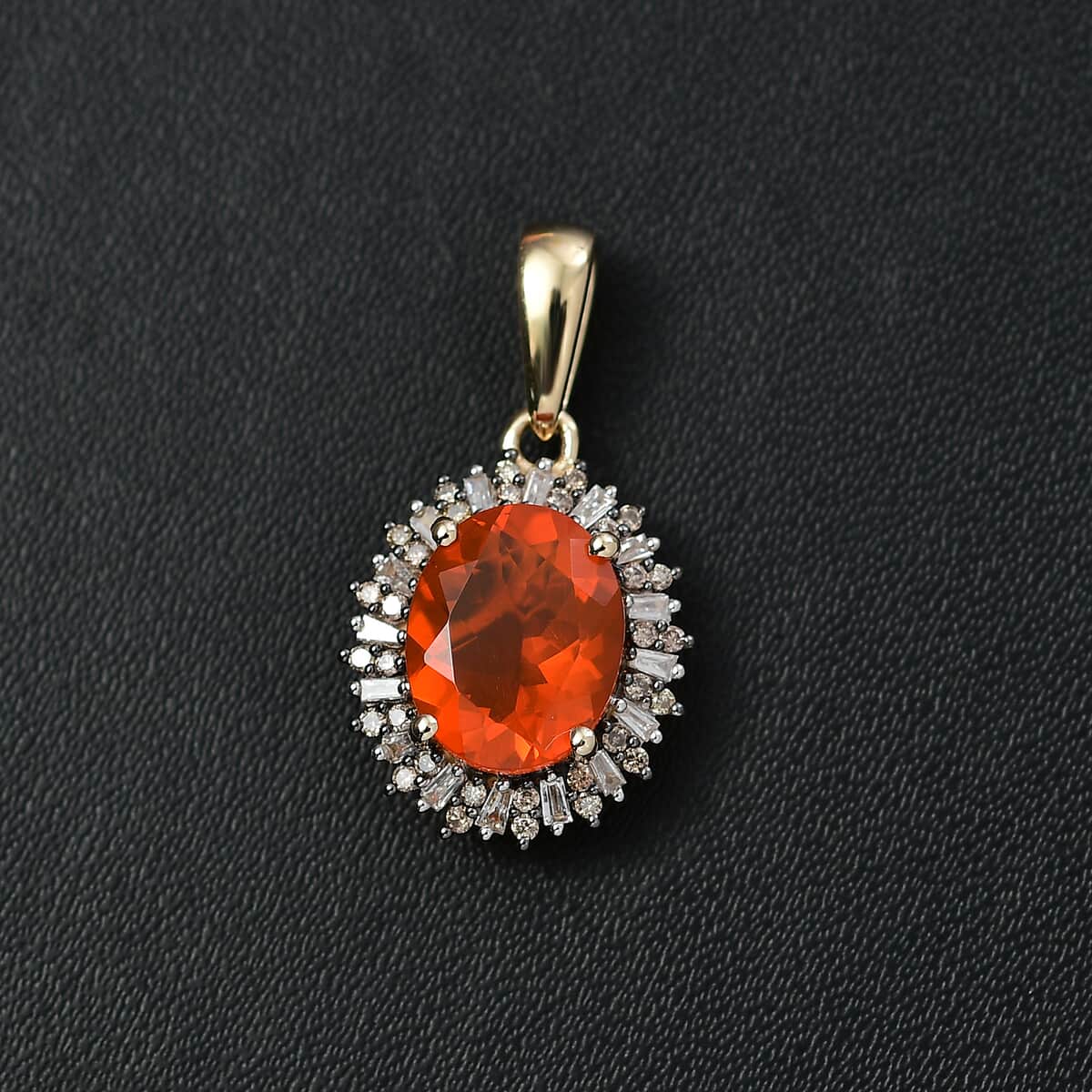 Luxoro AAA Buriti Fire Opal, Natural Champagne and White Diamond I2 2.00 ctw Sunburst Pendant in 10K Yellow Gold image number 1