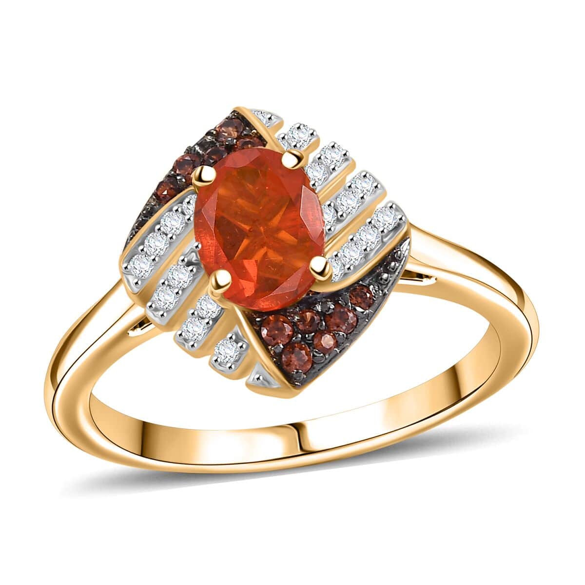 AAA Buriti Fire Opal, Brown and White Zircon 0.85 ctw Phoenix Ember Ring in 18K Vermeil Yellow Gold Over Sterling Silver (Size 10.0) image number 0