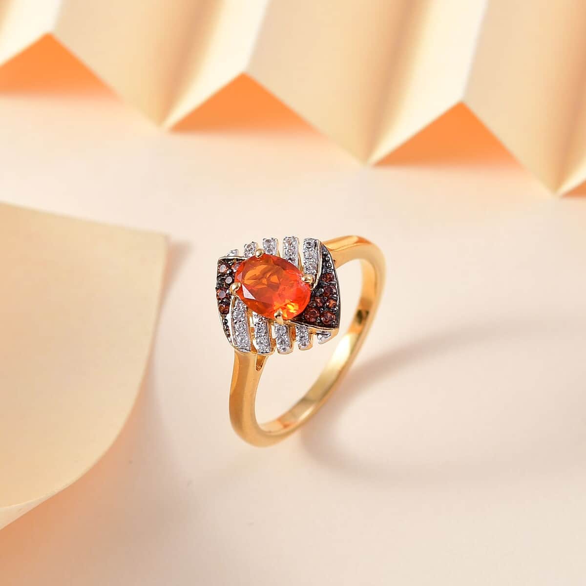 AAA Buriti Fire Opal, Brown and White Zircon 0.85 ctw Phoenix Ember Ring in 18K Vermeil Yellow Gold Over Sterling Silver (Size 10.0) image number 1