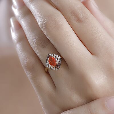 AAA Buriti Fire Opal, Brown and White Zircon 0.85 ctw Phoenix Ember Ring in 18K Vermeil Yellow Gold Over Sterling Silver (Size 10.0)